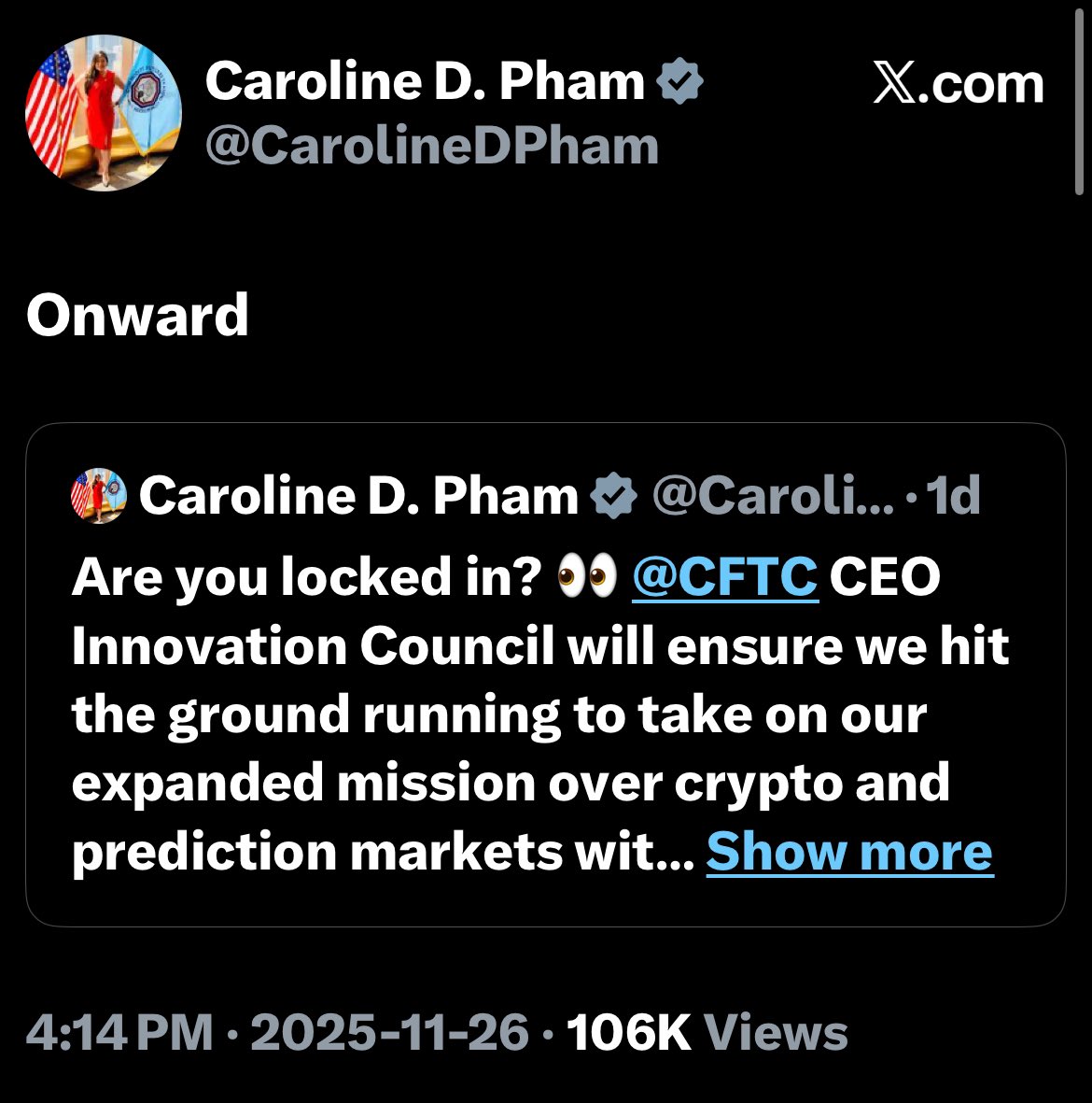 MrManXRP's tweet image. Were you ready when Caroline Pham stated to lock in?

CFTC is claiming control.

The CFTC is taking the lead because the SEC is fractured, the OCC controls banks, the Fed controls money, but the CFTC controls markets‼️

The CFTC formally launches the regulatory body that will…