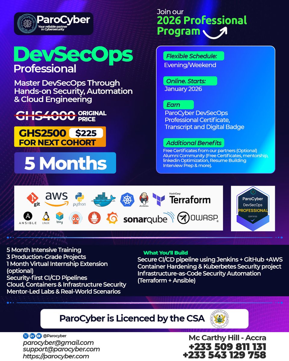 ParoCyber's tweet photo. Join a cohort that builds real systems, secures real pipelines, and launches careers.
👉 Register : https://t.co/0UWdQH6ssd
✉️ Enquiries: parocyber@gmail.com
 +233 509 811 131 | +233 543 129 758

Let 2026 be the year you stop imagining a tech career and start building one https://t.co/AyWSnMfggb