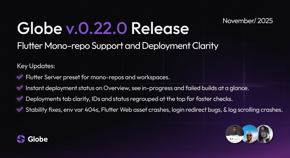dart_globe's tweet image. Flutter mono-repo support is here, plus instant deployment status and a clearer dashboard.
v0.22.0 → docs.globe.dev/releases/v/0.2…