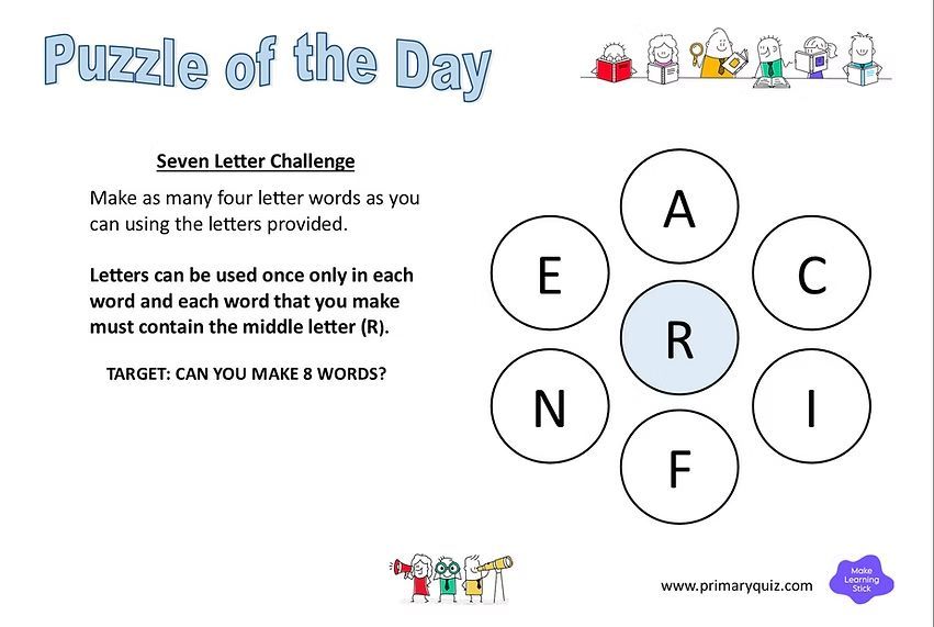 PrimaryQuiz's tweet image. Ready to test your vocabulary skills? ✏️ 

Make as many four-letter words as you can. Remember, each word must contain the middle letter R and you can only use each letter once! 

#SevenLetterChallenge #WordPuzzle #BrainTeaser #PrimaryQuiz