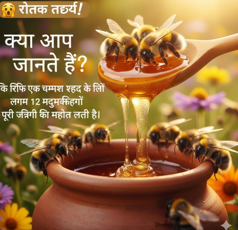 🤯 रोचक तथ्य (दिलचस्प तथ्य)!

क्या आप जानते हैं कि सिर्फ एक चमच शहद (शहद) बनाने के लिए लगभग 12 मधुमक्खियों की पूरी ज़िंदगी की मेहनत लगती है!

मधुमक्खियों की यह मेहनत सच में बेहतर है।

(एक चमच उठाने से पहले सोचीयेगा)