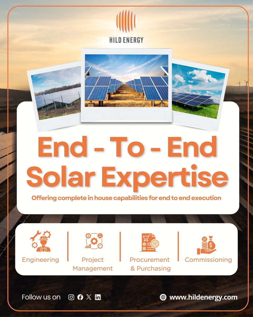hild_energy's tweet image. ⚡️ End-to-End Solar Expertise, Delivered by Hild Energy ⚡️

👉 Learn more at hildenergy.com

#HildEnergy #SolarEnergy #EPC #RenewableEnergy #CleanEnergy #GreenTech #SustainableFuture