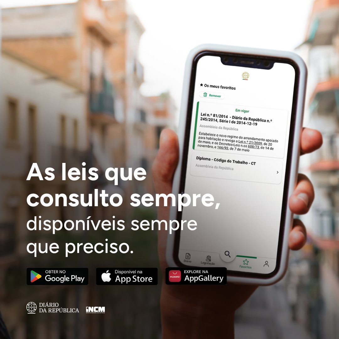 diariorepublica's tweet photo. Já conhece a aplicação do Diário da República para dispositivos móveis? Instale na sua app store e experimente. Disponível aqui: https://t.co/tqOCQymQgU
#diariodarepublica #incm https://t.co/v7MBsj6iij