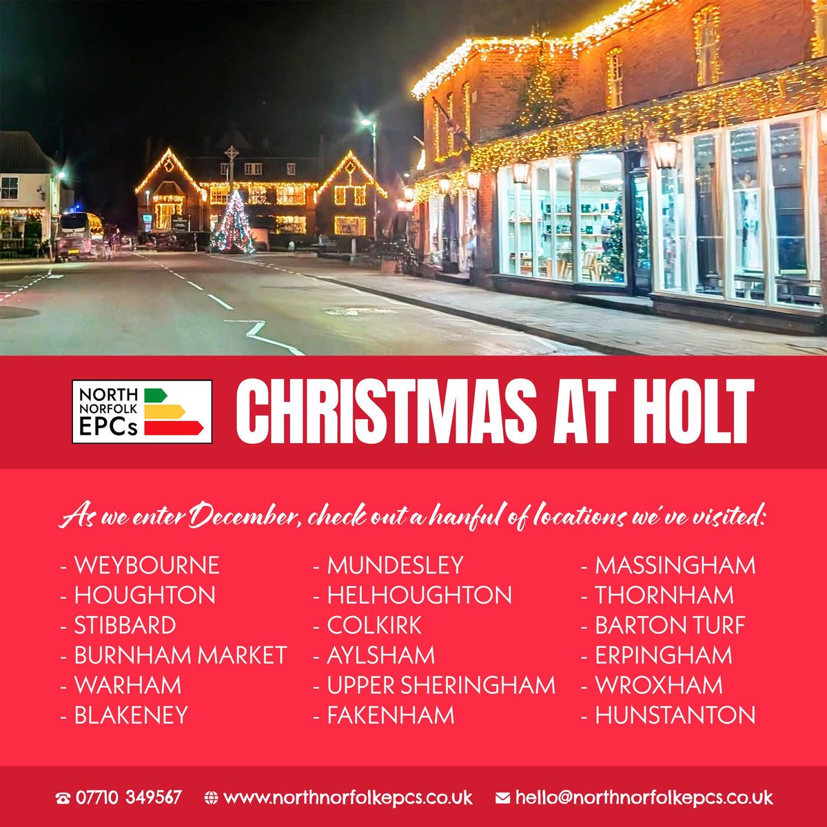 NorthNorfolkEPC's tweet image. North Norfolk EPCs have had an incredible year! The Holt Christmas lights are looking absolutely amazing and we’ve been lucky enough to visit some fantastic places throughout the year. 🎅🏻

#epc #energyperformancecertificate #certificates #energyefficiency #energy #sustainability