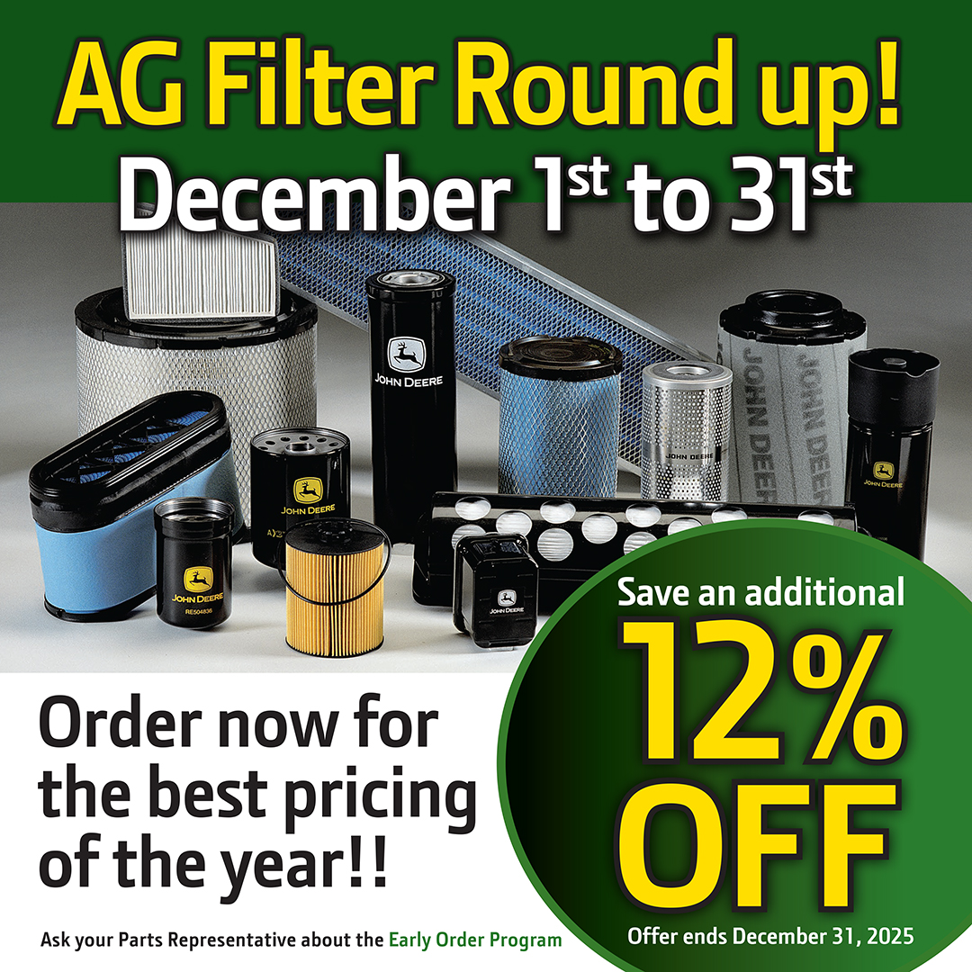 🌾 Early Order AG FILTER ROUND UP! 🌾
📅 Dec 1–31, 2025
✅ Save 12% on Ag Filters – Best pricing of the year!
Order today at your local Green Diamond Equipment Parts Dept.
#AgFilters #FarmSavings #GreenDiamondEquipment