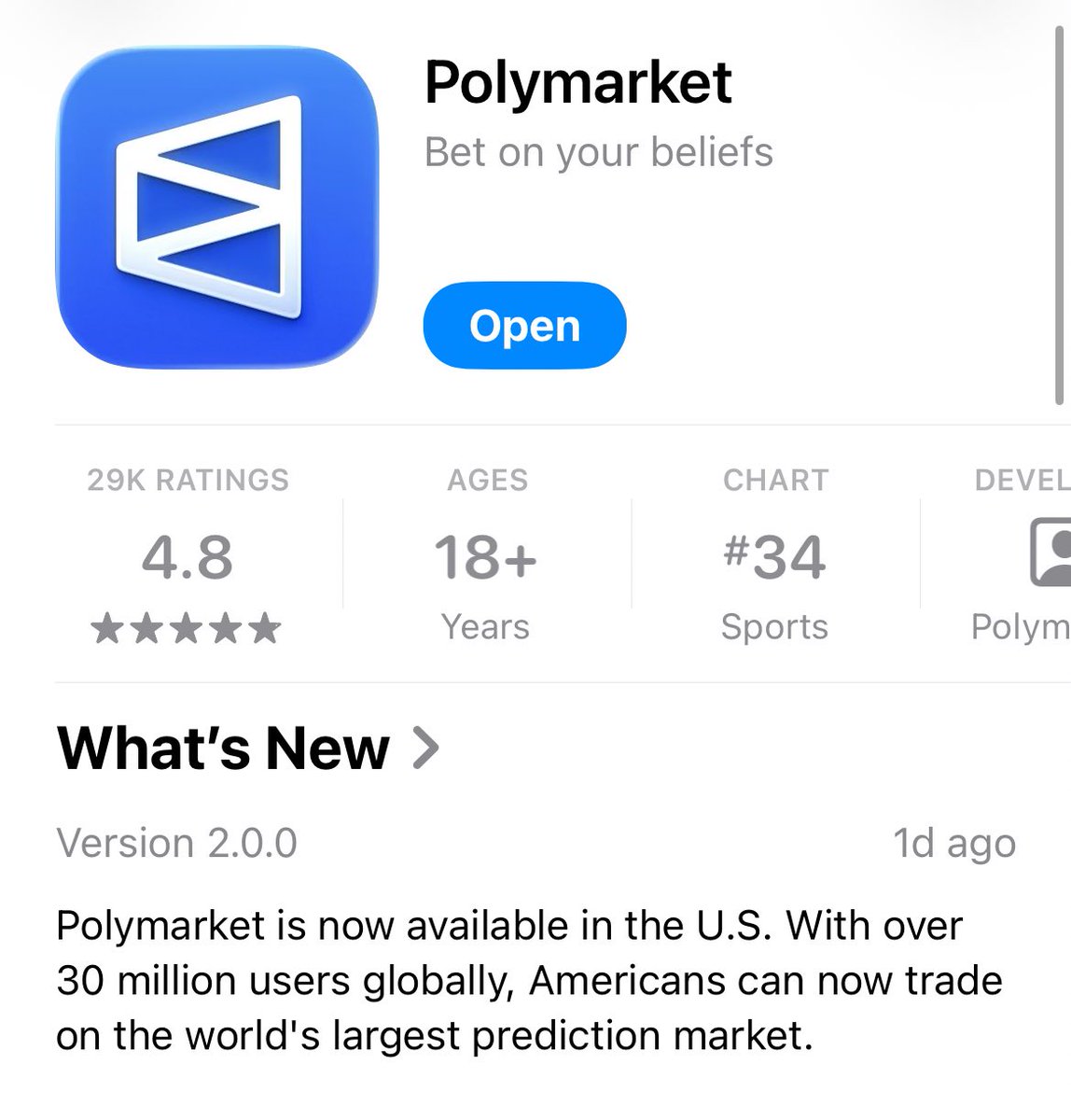 bitdevhunter's tweet image. the new Polymarket US app just dropped.

Version 2.0 with the refreshed UI quietly went live yesterday, but it’s currently invite-only.Right after the update, the Polymarket 2025 US launch market shot from ~60% up to 85%. It’s settled around 75% now.
Still looks undervalued tbh.…