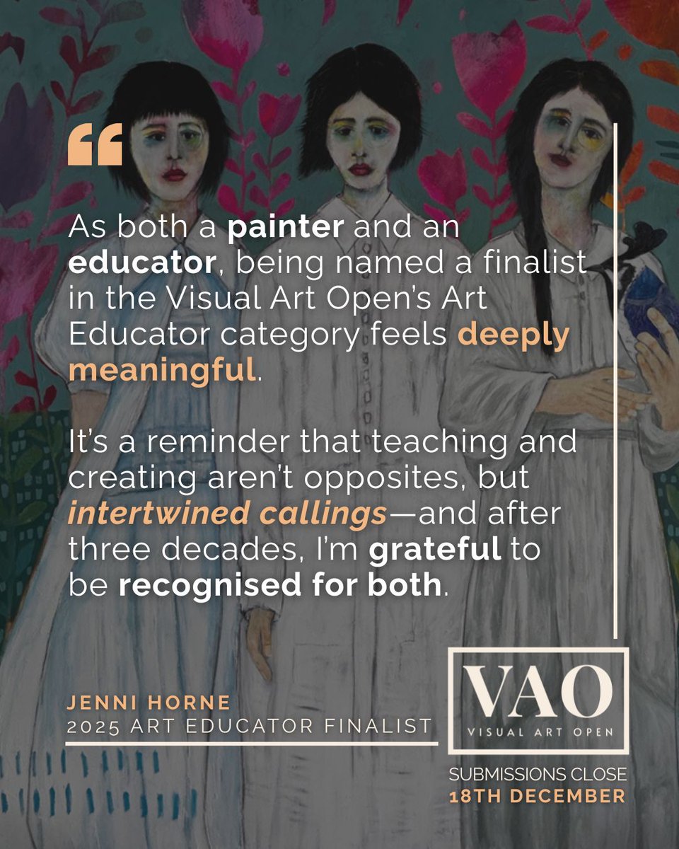 VisualArtOpen's tweet image. Hear from VAO 2025 Art Educator Finalist Jenni Horne on what the award meant to their creative practice. 

Your story could be next to inspire.

Apply Now: visualartopen.com
Deadline: 18th December 2025

#VAO #VisualArtOpen #OpenCall @jennihorneart