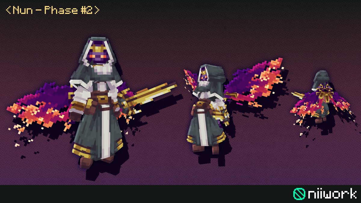 niiwork's tweet photo. The Black Nun is one of the bosses with three phases of battle, from an ordinary servant to an entity engulfed in flames and hatred.

You can see all the animations for the different phases on our website or SketchFab.

#blockbench #minecraft #pixelart #gamedev https://t.co/3BR4c3oAh3