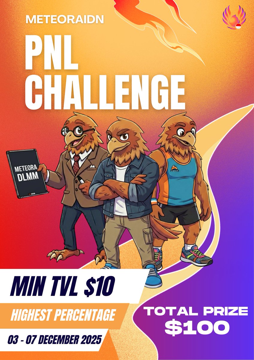 DLMM PNL Competition by MeteoraIDN!

Untuk mengawali bulan Desember, kita mau ngadain kompetisi yang tentunya bermanfaat buat <a href="/MeteoraAG/">Meteora</a> Army Indonesia! Sekalian praktekin ilmu dari bootcamp kemarin gak tuh? 😏

Pemenang ditentukan berdasarkan % PNL paling besar

💰 Total Prize