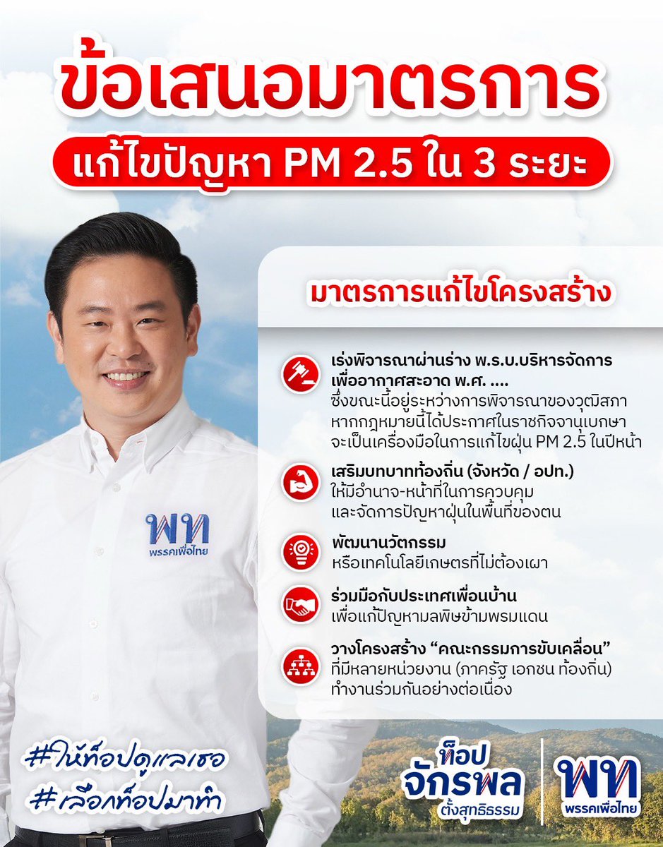 📣 PM 2.5 วงจรอุบาทว์กลับมา ตามที่ได้แจ้งไว้ !

2 - 3 วันที่ผ่านมา กทม. เริ่มเจอปัญหาฝุ่น PM 2.5 และทุกไตรมาส 4 ของปี ประเทศไทยต้องเจอปัญหานี้ซ้ำซาก ที่ผ่านมารัฐบาลเพื่อไทยแก้ปัญหานี้มาโดยตลอด ทั้งการออกมาตรการต่าง ๆ เจรจาประเทศเพื่อนบ้าน และขอความร่วมมือทุกภาคส่วน

📍