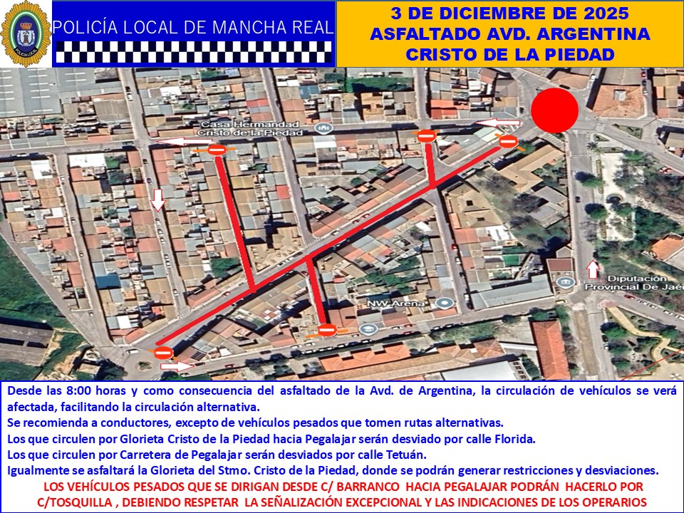 🚧ASFALTADO AVD. ARGENTINA Y PL. CRISTO DE LA PIEDAD🚧 MIÉRCOLES 3 DE DICIEMBRE.
Desde las 8 h, y debido al asfaltado de las citadas vías, se verá afectada la circulación de vehículos.
