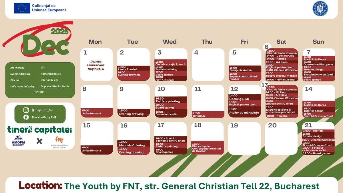 FNT_romania's tweet photo. 🎄 Luna decembrie vine cu magie, cu emoție și cu un calendar plin de activități pregătite pentru voi.

📌 Program special de sărbători:
În perioada 22 decembrie – 11 ianuarie - vacanța de iarnă. https://t.co/KMVihxRy7W