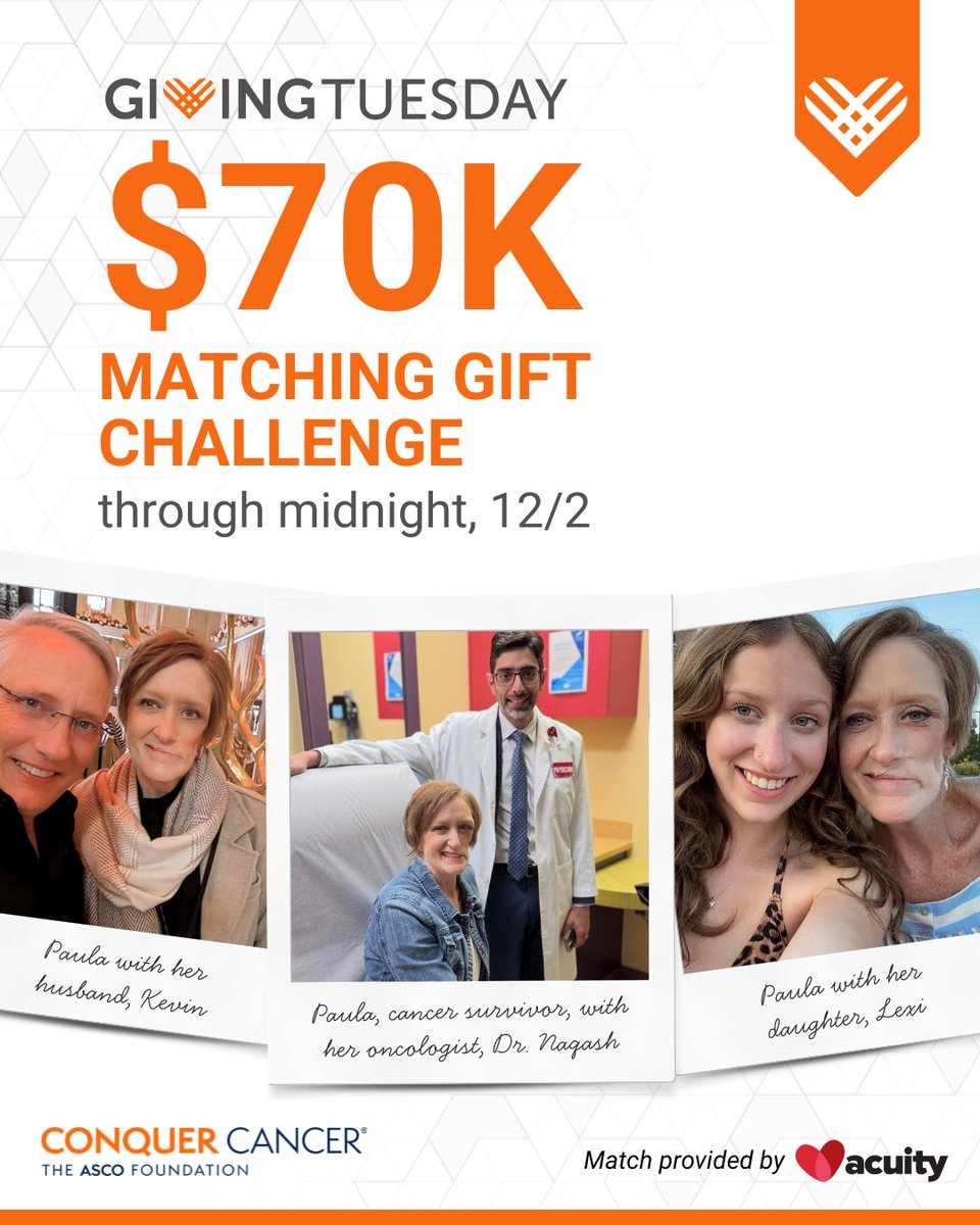ConquerCancerFd's tweet image. TODAY is #GivingTuesday! Through midnight, you can maximize your support for patients everywhere, like Paula. Until midnight, you can DOUBLE the impact, thanks to a $70K matching gift challenge by employees of @AcuityInsurance. Give now at: brnw.ch/21wY0fY