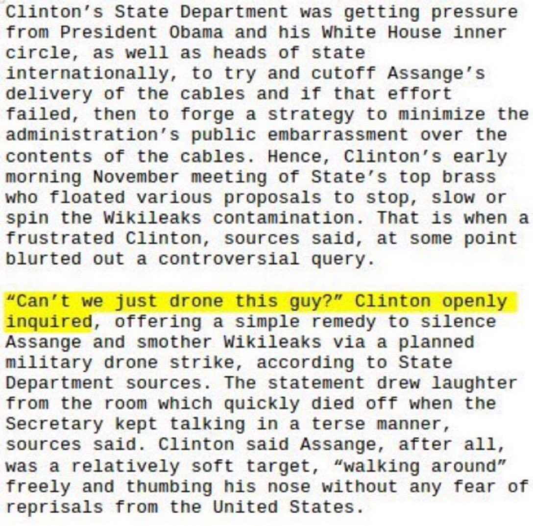 C_3C_3's tweet image. Remember that time Hillary Clinton wanted to “just drone” Julian Assange because he was telling the world the truth about Clinton and the Obama Administration?

There was no outrage.