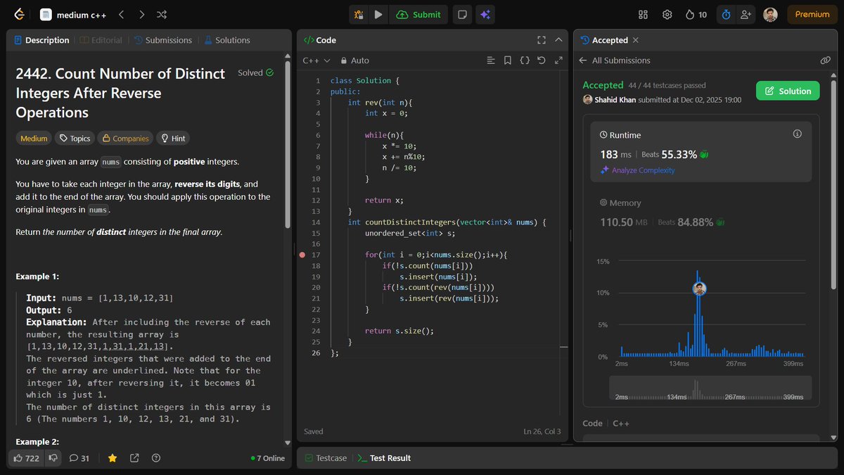shahidx_05's tweet image. Day 262 – #365DaysOfCode

✅ Count Distinct Integers After Reverse
✅ Find Bottom Left Tree Value
✅ Maximize String Score
✅ Codeforces 46A

#DSA #LeetCode #GfG #Codeforces #ProblemSolving #LearnInPublic #BuildInPublic