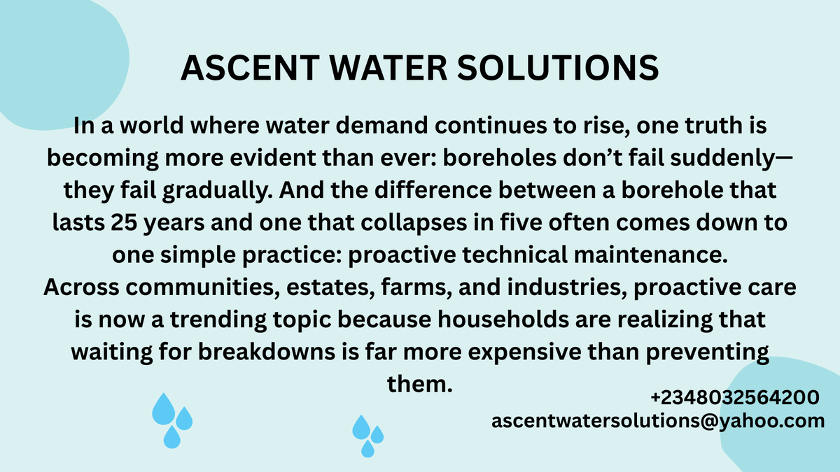 Yuusuf1550523's tweet image. Proactive care isn’t just a maintenance choice.
 When you care for your borehole before trouble begins, you guarantee the permanent flow every household deserves. #AscentWaterSolutions #BoreholeMaintenance #SustainableWaterSupply 
+2348032564200
ascentwatersolutions@yahoo.com