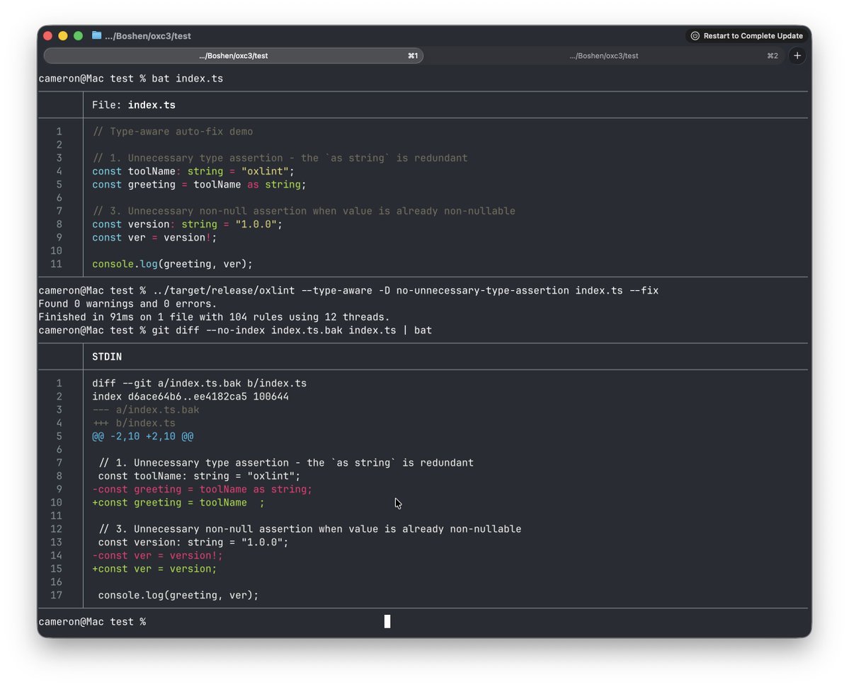 RT @Cameron_C2：在下一版本的 oxlint 中，将支持类型感知规则的修复。
