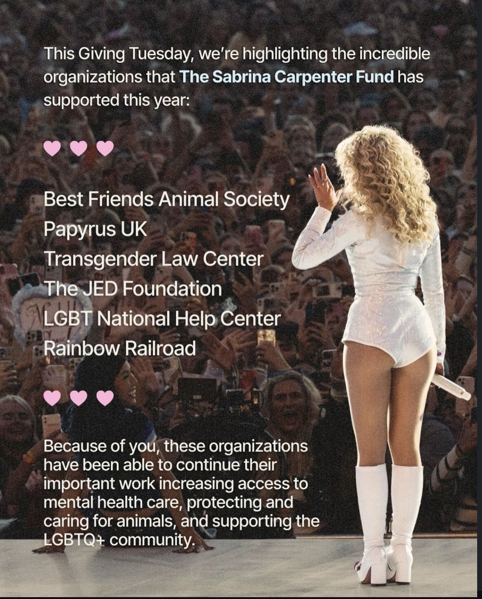sabscharm's tweet image. one of the reasons why sabrina is loved for so much beyond just her music. she truly uses her platform in a positive way to make a change for others💓.
@TeamSabrina @SabrinaAnnLynn @bestfriends @PAPYRUS_Charity @LGBTNatlHelpCtr @TransLawCenter @jedfoundation @RainbowRailroad