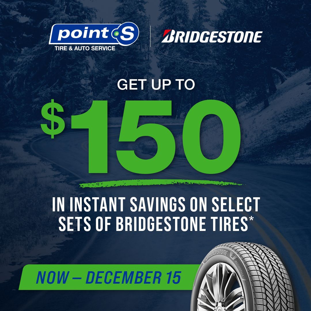 Winter roads? No problem. Get up to $150 in instant savings on select <a href="/Bridgestone/">Bridgestone</a> now through Dec 15. ❄️🚗🛞

#BridgestoneTires #PointSTire #InstantSavings #NewTires