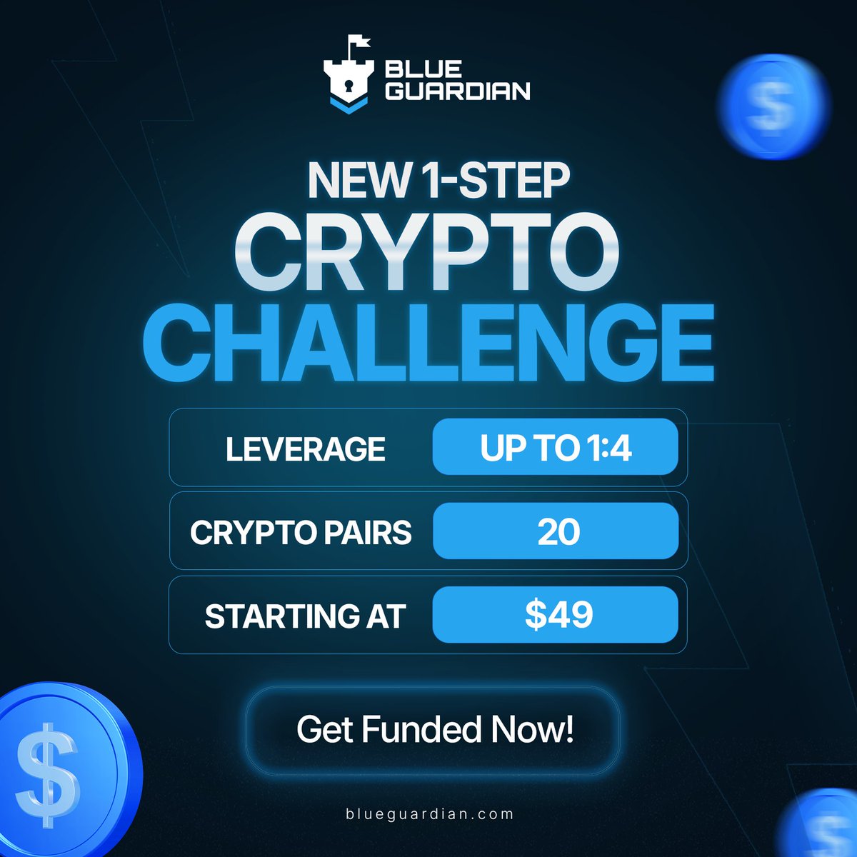 BlueGuardiancom's tweet image. Crypto traders, it’s here.

Our brand-new 1-Step Crypto Challenge is LIVE:

✔️ 20 Crypto pairs
✔️ Up to 1:4 leverage
✔️ Begins at just $42

Take the challenge. Get funded 👉 blueguardian.com