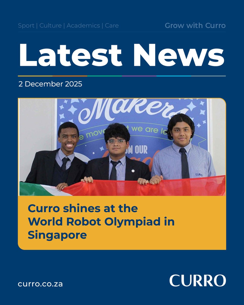 🤖✨ Curro shines at the World Robot Olympiad in Singapore!

 Team Foresight from Curro Aurora earned a bronze placing worldwide in the Future Innovators Senior category.
South Africa’s STEM talent is rising fast!

👉 Full story: ow.ly/NCf550XAzFK

#Curro #QualityEducation