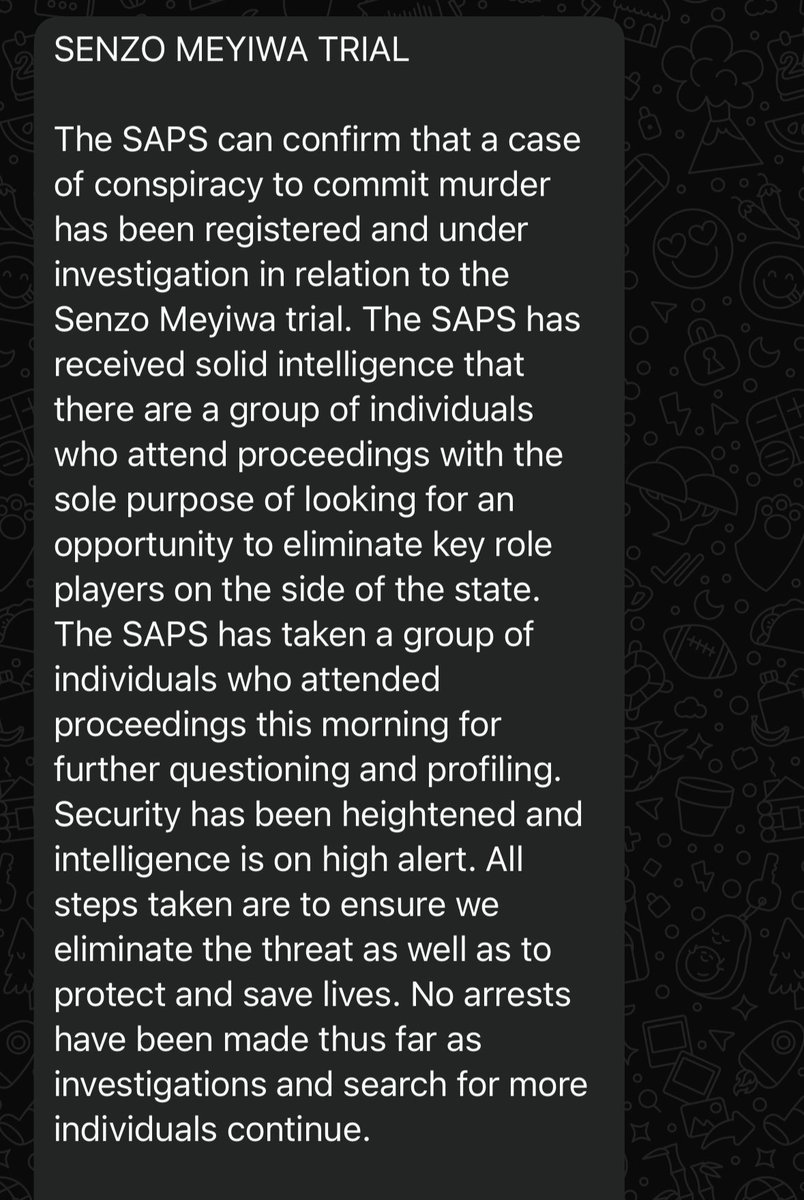 #SenzoMeyiwatrial

BREAKING: Judge, Prosecutors and Investigating team targeted at Senzo Meyiwa trial. Police say solid intelligence was gathered pointing to a group of individuals attending court for the sole purpose of eliminating key role players. <a href="/Newzroom405/">Newzroom Afrika</a>
