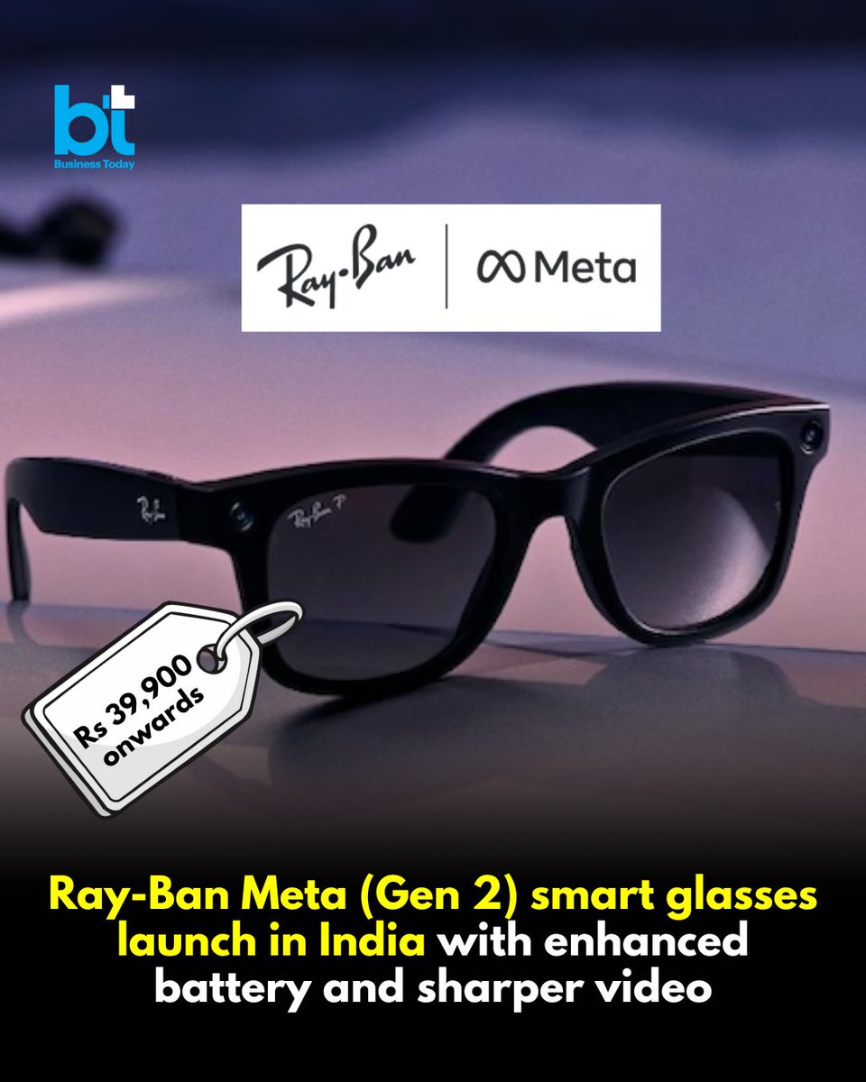 business_today's tweet image. #TechToday | #Meta and #RayBan today announced the official launch of the second-generation #RayBanMeta #AI glasses in India, with prices starting at Rs 39,900. 

The new smart glasses offer a suite of significant upgrades, including double the battery life and enhanced video