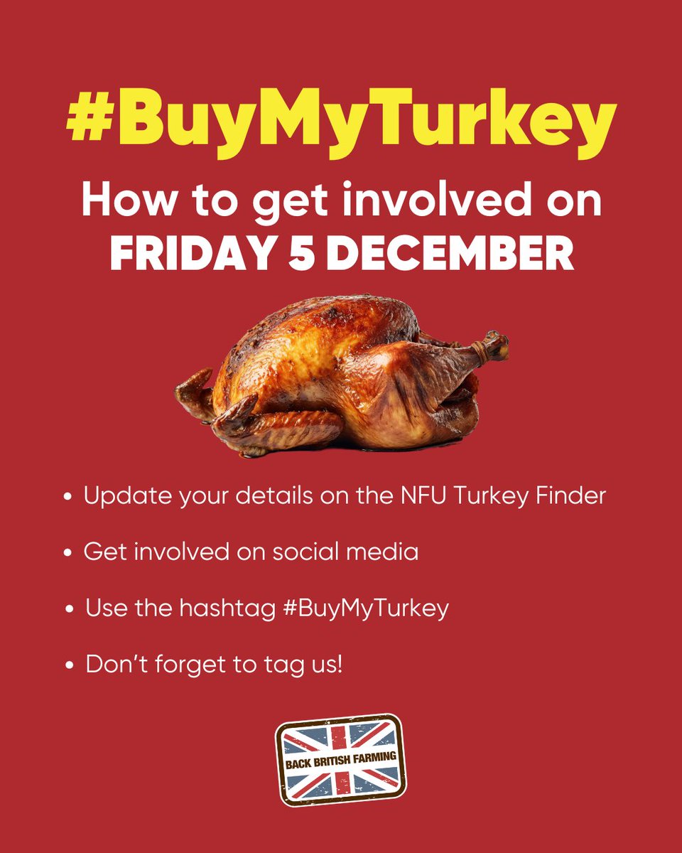 Calling on turkey producers across the North! 🦃
Join us on #BuyMyTurkey Day this Friday on social media to celebrate turkey farmers and encourage the public to buy a whole British turkey this Christmas. 🎄
See our Buy My Turkey Day toolkit 👉 nfuonline.com/updates-and-in…
