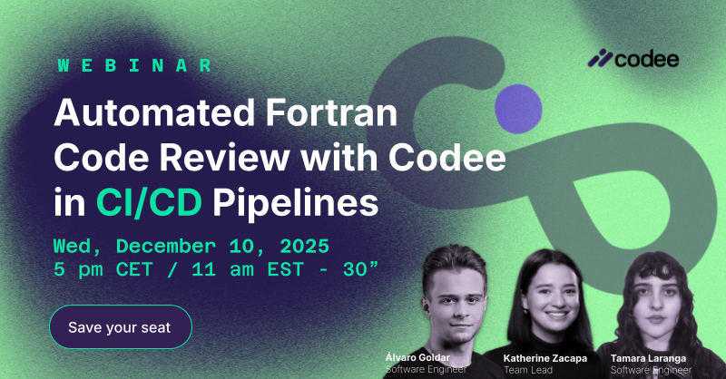 codee_com's tweet image. Learn how Codee automates the #Fortran review process in your #CICD pipeline—cutting review time and keeping complex projects maintainable.

We’ll also demo real #GitHubActions workflows reviewing every new line before merge. 
🔗 Register now: codee.com/webinars/autom…