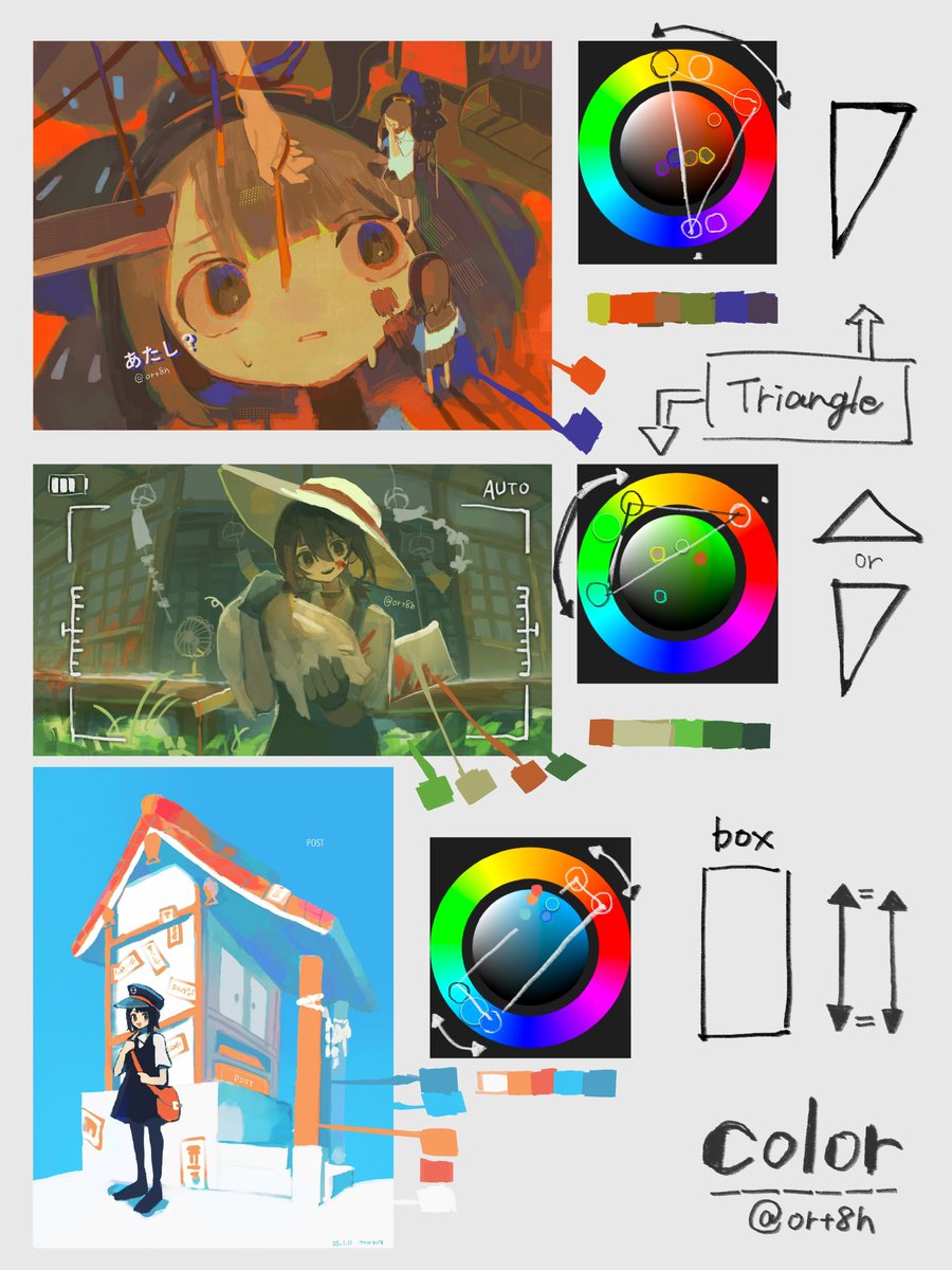 【色選びのコツ】
①ベースカラーを3つ選ぶ(メイン2/影用の補色1)
②色陰現象など目の錯覚を利用する

これらを基本として更に

③明暗差を抑える
④明度ではなく色相で変化を付ける

上記の2点も意識しつつ、色を選んでいます🎨

#イラスト #描き方