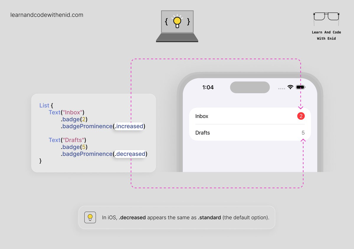 ios_dev_alb's tweet image. SwiftUI Tip 💡

In iOS 17.0+, use the badgeProminence() modifier to control how noticeable a badge appears.

→ learnandcodewithenid.com