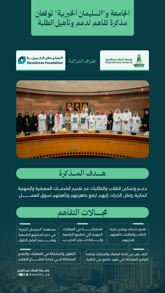 وقّعت #جامعة_الملك_عبدالعزيز مذكرة تفاهم مع السليمان الخيرية <a href="/AlsulaimanFDN/">السليمان الخيرية</a>، بهدف دعم وتمكين الطلبة عبر برامج معرفية ومهنية نوعية، تسهم في رفع جاهزيتهم وتأهيلهم لسوق العمل، وتعزيز التعاون في المبادرات والفعاليات المشتركة ذات الأثر المستدام.