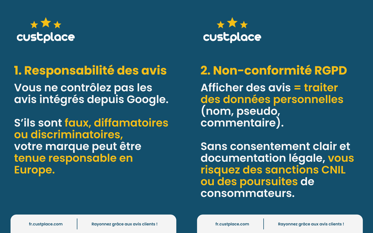 custplace's tweet image. Avis Google sur votre Store Locator = Danger légal. 🚨

Vous êtes responsable des avis diffamatoires.
Non-respect du RGPD sur les données des commentateurs.
Exposition au DMA et à la DGCCRF.

Custplace : Plateforme d'avis certifiée NF, sécurité &amp;amp; contrôle.

#RGPD #StoreLocator
