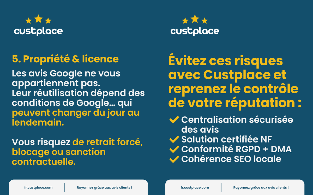 custplace's tweet image. Avis Google sur votre Store Locator = Danger légal. 🚨

Vous êtes responsable des avis diffamatoires.
Non-respect du RGPD sur les données des commentateurs.
Exposition au DMA et à la DGCCRF.

Custplace : Plateforme d'avis certifiée NF, sécurité &amp;amp; contrôle.

#RGPD #StoreLocator