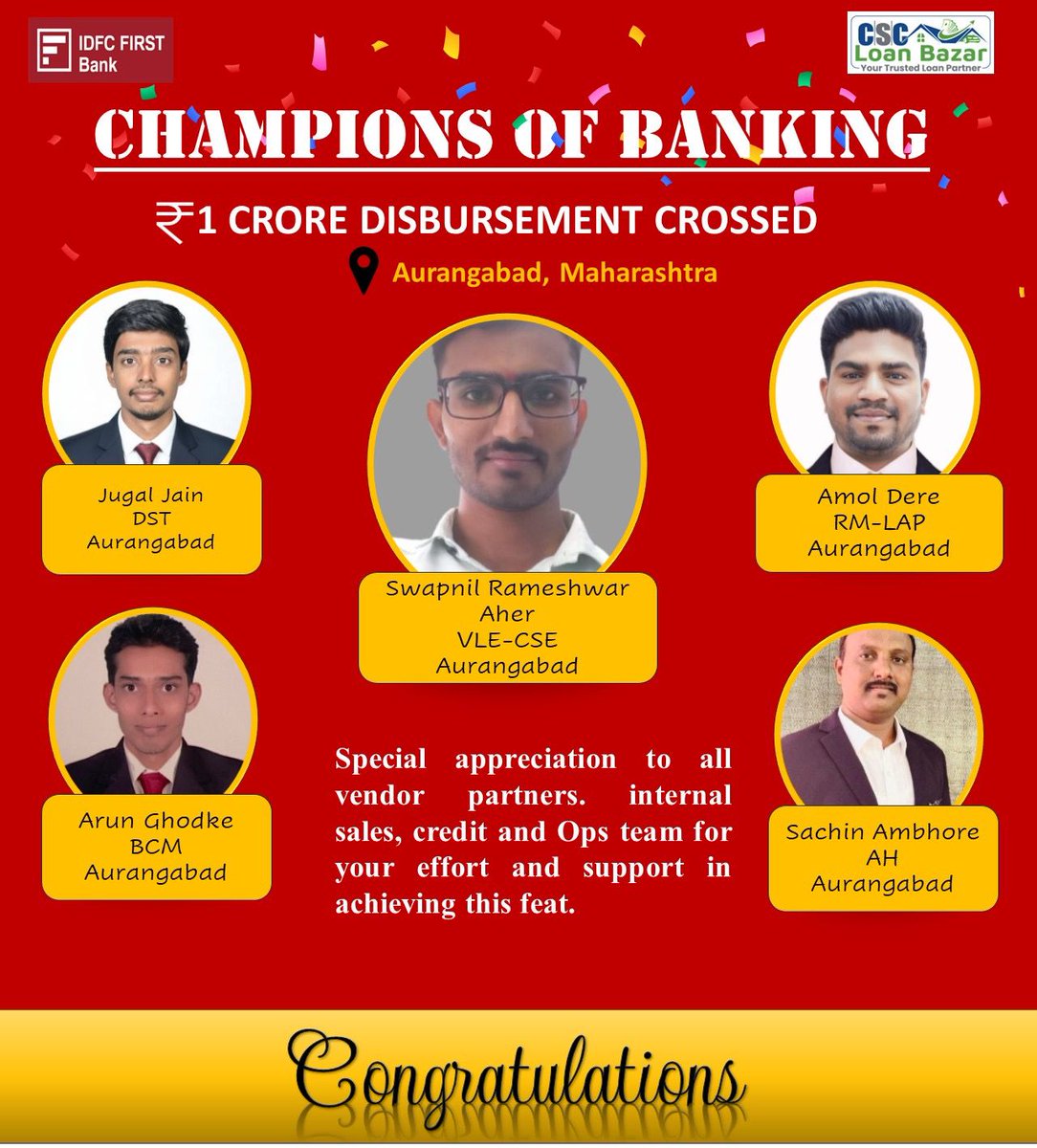 cscfinancial_'s tweet image. Congratulations to our VLE, Mr. Swapnil Rameshwer from Aurangabad, Maharashtra, for crossing ₹1 Crore in loan disbursement through CSC Loan Bazar with IDFC First Bank!

#csc #cscloanbazar #cscfinancialservices #idfcfirstbank