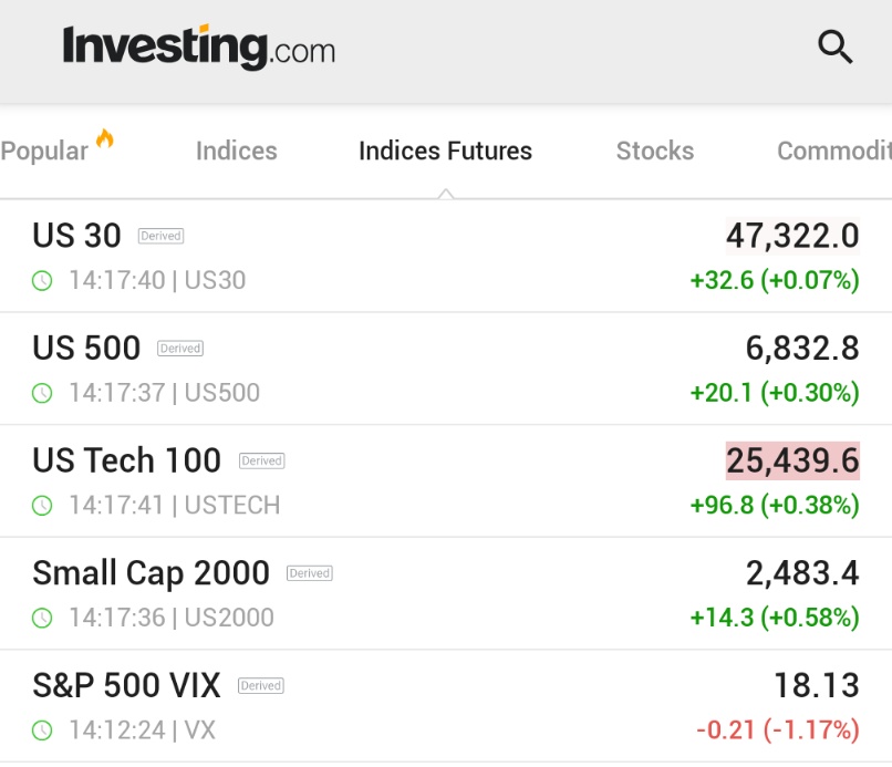 🚨 INVESTING : "Futures azionari in rialzo, il VIX scende grazie alle crescenti scommesse su un taglio dei tassi da parte della Fed"