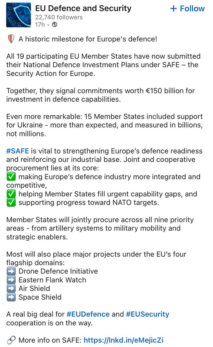 BMSInvests's tweet image. $ONDS

🇪🇺 More info on the EU’s €150bn investment in defence capabilities, including extra support for Ukraine.

📡 Procurement of anti-drone systems and Class 1/2/3 drones.

💸 Estonia (€2.6bn) and Poland (€43.7bn) propose a joint $45bn commitment between them - enter Adam…