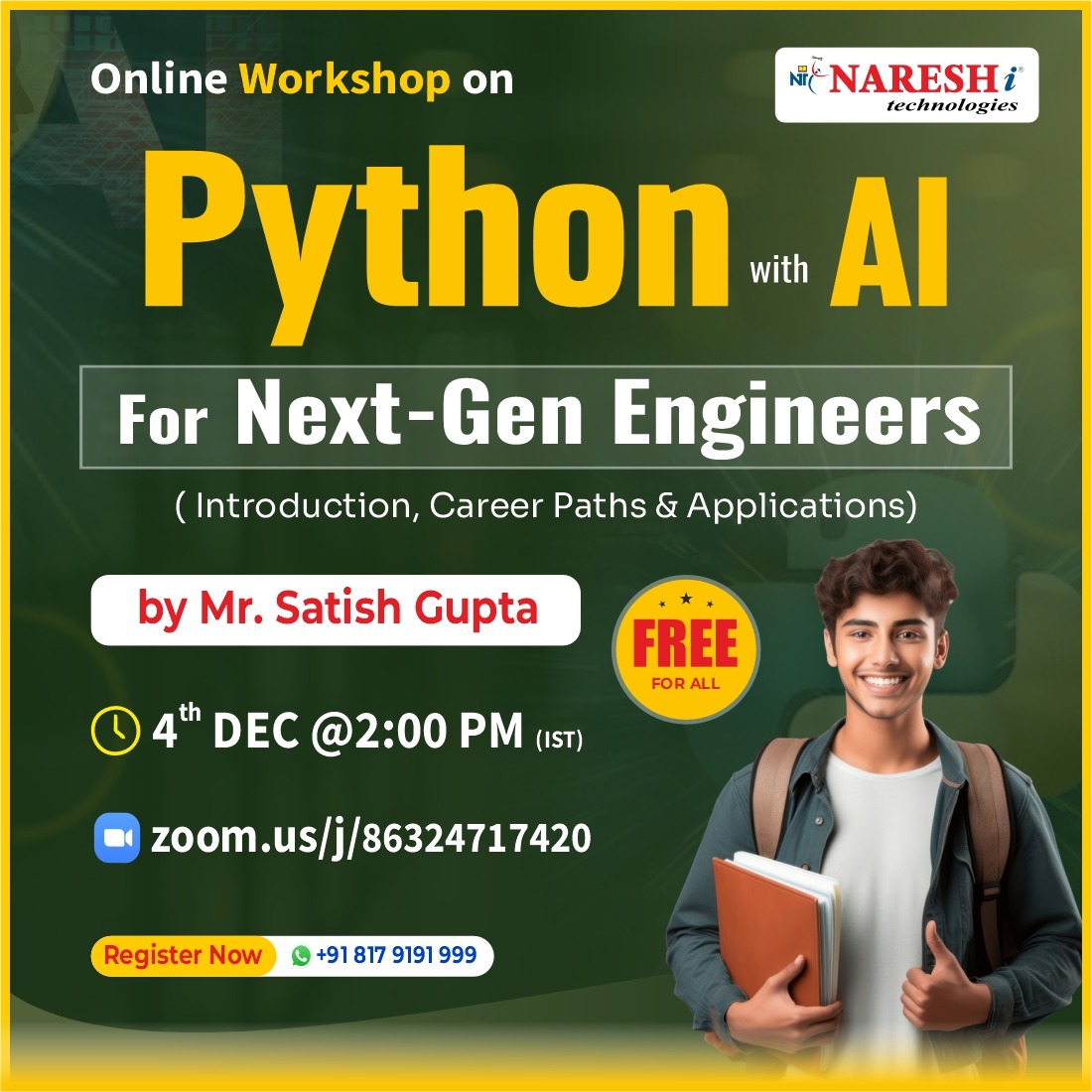 nareshitkphb's tweet image. 🤖 Join our Python with AI Online Workshop and boost your tech skills!
🔗 Join Now: t.ly/FWSPWAI-4D

👨‍🏫 Trainer: Mr. Satish Gupta
📅 4th Dec | 2:00 PM IST

#PythonWithAI #AIWorkshop #PythonTraining #TechUpskill #LearnAI #NareshIT