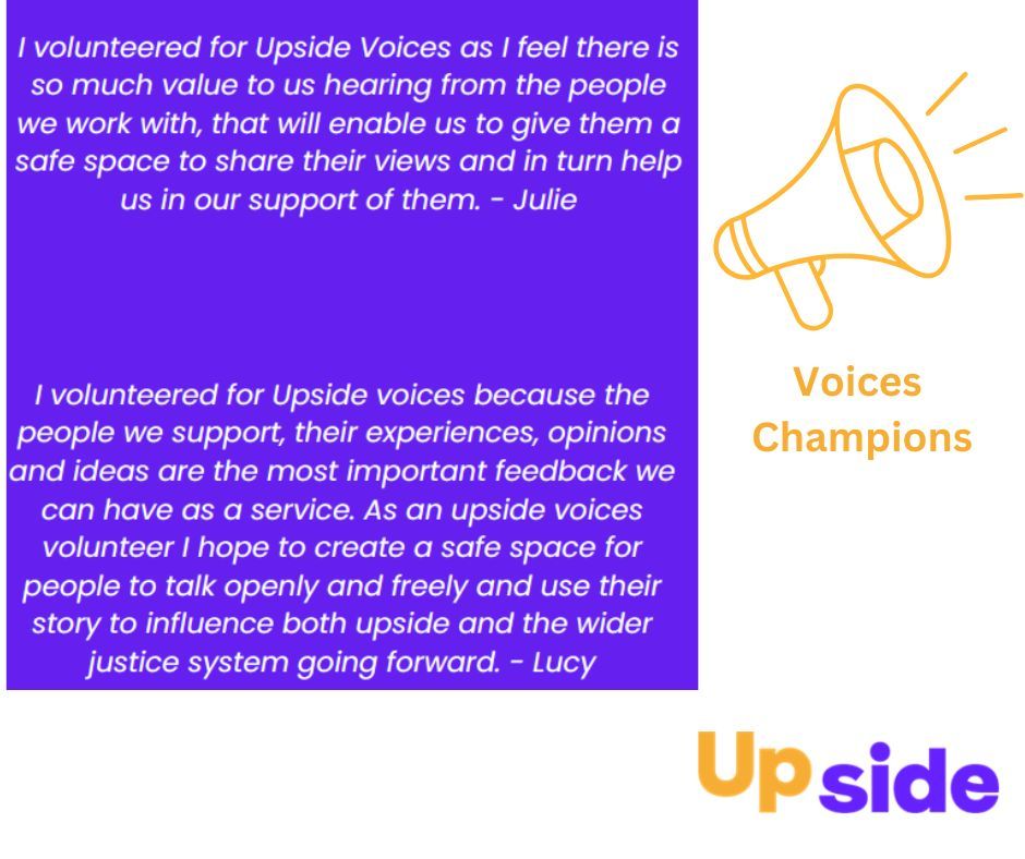 We recently held our first Upside Voices sessions across the country: opportunities for the people we support to share their views and influence the design and delivery of our service. 

Here, two of our Voices Champions explain why this is so important to them.