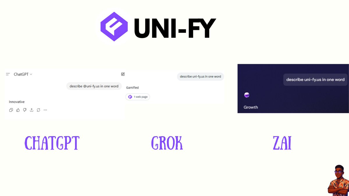Pato_wizz's tweet image. I asked @OpenAI, @grok and zAI by @zentry to describe @UniFy_io in one word, here&apos;s their respective response.

Now it’s your turn, I&apos;ll be in the comments.