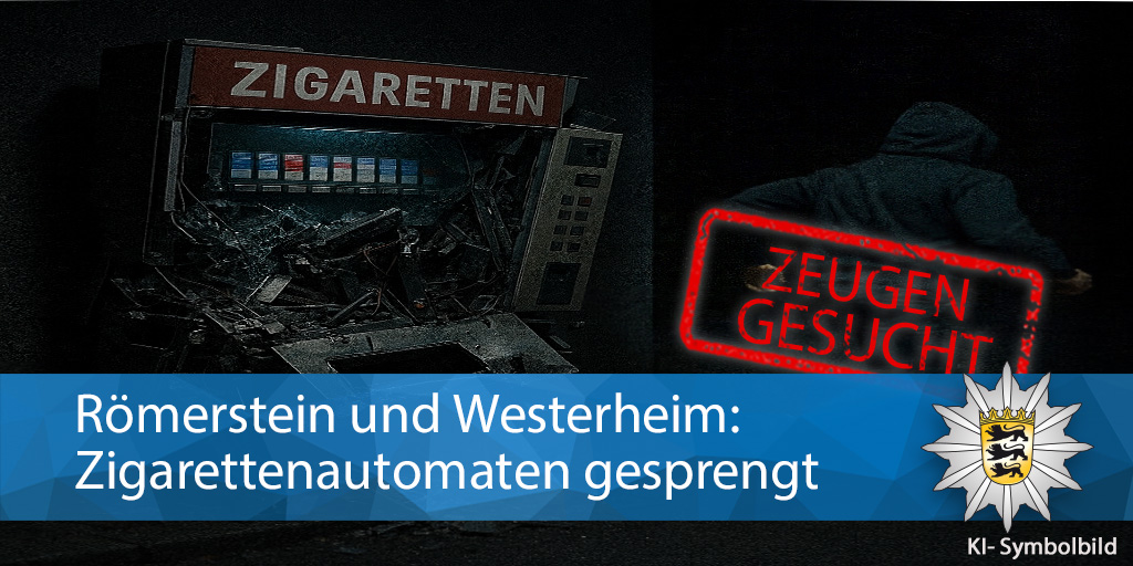 🚬 Nachts Zigarettenautomaten gesprengt:

💥 2x in #Römerstein und 
💥 1x #Westerheim im #AlbDonauKreis bei unseren Kollegen <a href="/PolizeiUL/">Polizei Ulm</a>

👤 Vermutlich war es derselbe Täter.

🚁 Die Fahndungen waren leider erfolglos!

Zeugen gesucht: sohub.io/czuh
