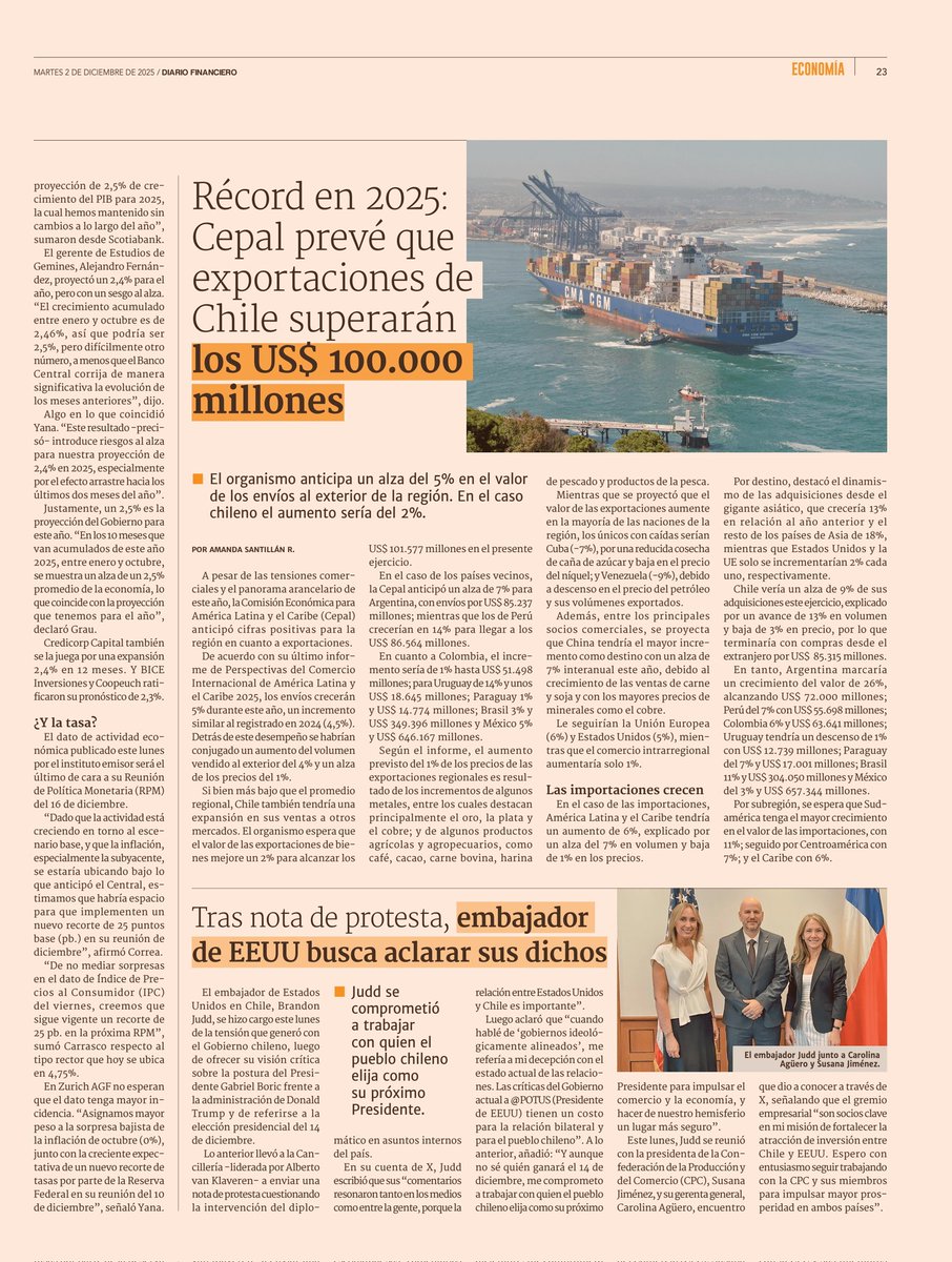 El <a href="/DFinanciero/">Diario Financiero</a> de hoy destaca la economía al alza y el récord de exportaciones. Los mentirosos seguirán diciendo que el país se cae a pedazos.