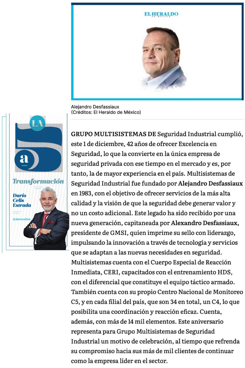#LaQuintaTransformación
<a href="/grupoMSI/">Grupo Multisistemas de Seguridad Industrial</a> cumplió, este 1 de diciembre, 42 años de ofrecer Excelencia en Seguridad, lo que la convierte en la única empresa de seguridad privada con ese tiempo en el mercado y es, por tanto, la de mayor experiencia en el país.
bit.ly/3MfREFd