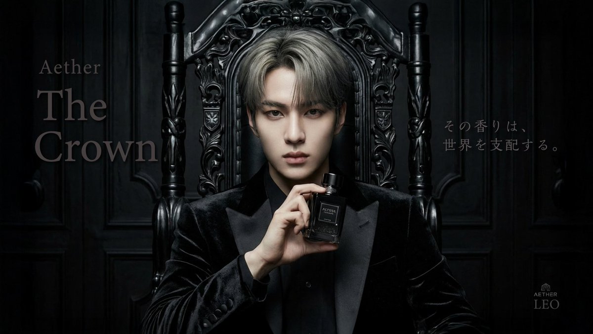 Aether_lab_'s tweet image. 【Aether LEOソロプロジェクト】  「その香りは、世界を支配する。」  LEOがプロデュースするフレグランスビジュアル制作してみた。画像生成時に合成感が抜けなくて苦労した…。はじめは「夜景の背景」でしたが捨てまして、なんやかんやで王座に落ち着いた。
 #Aether  #制作事例 #香水  #AIアイドル