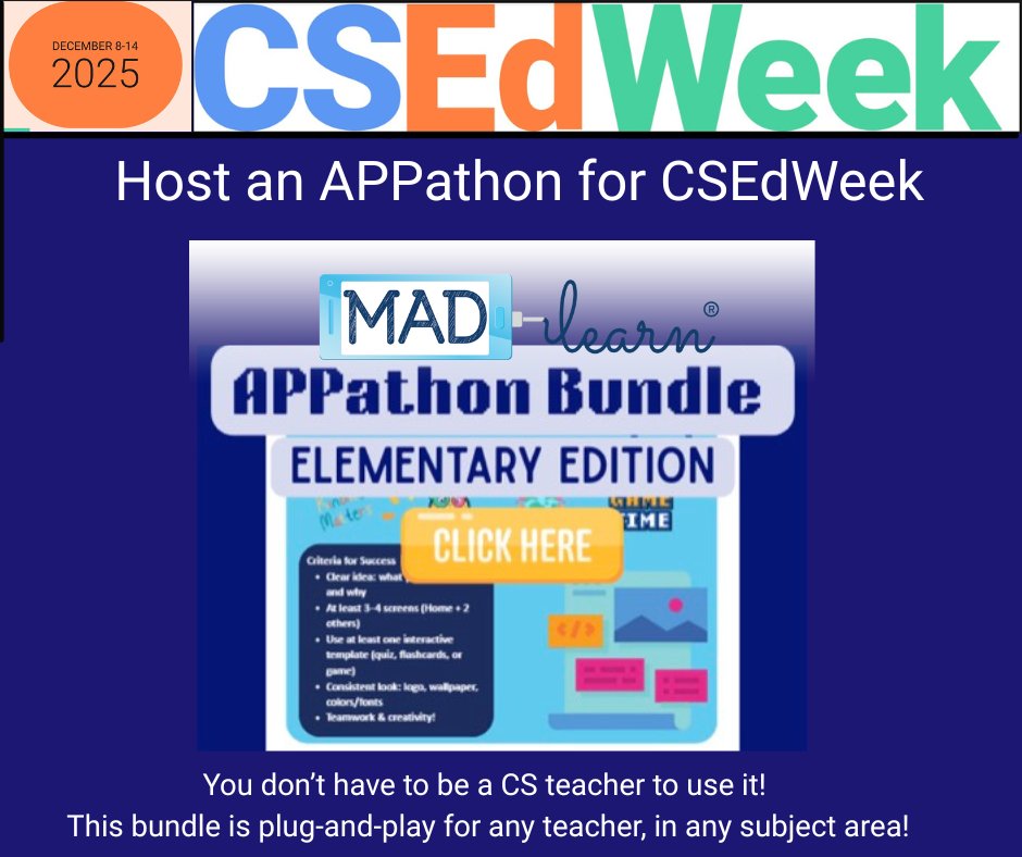 MADLearn's tweet image. CSEdWeek is almost here! 🎉
Get your students ready with MAD-learn’s Elementary APPathon—a fun, plug-and-play way for young makers to tell stories, explore ideas, and build simple apps.
Perfect for ANY teacher, in ANY subject! 
Click here: drive.google.com/file/d/14wUqCN…
 #CSEdWeek