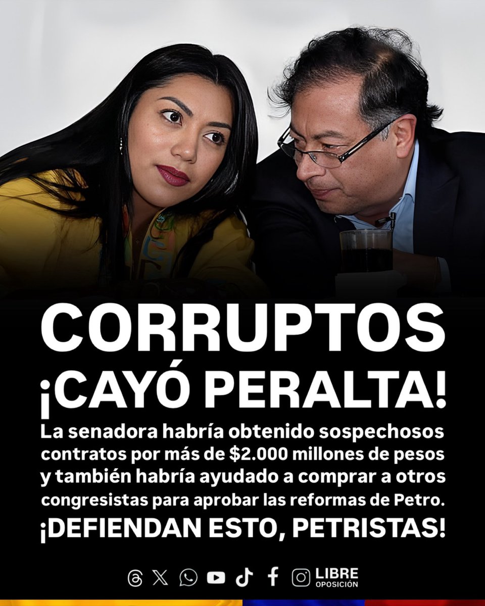 🇨🇴🚨| ¡CORRUPTOS! CAYÓ PERALTA: La senadora habría obtenido sospechosos contratos por más de $2.000 millones de pesos y también habría ayudado a comprar a otros congresistas para aprobar las reformas de Petro. 

Esta denuncia la realiza el periodistas Melquisedec Torres