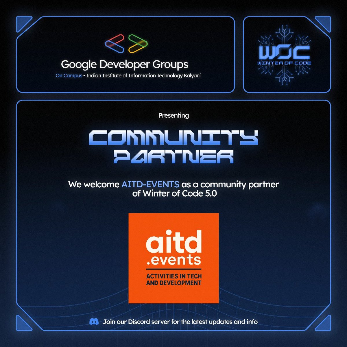 gdsciiitkalyani's tweet image. Super excited to have @aitd_events  join Winter of Code 5.0 as a Community Partner!
Let’s build, learn, and grow together. 🚀💙

Register now: winter-of-code-5.devfolio.co/overview

Partner with us: forms.gle/h7BHyFw4v6aFMy…

#WOC #GDGOnCampus #CommunityPartner #OpenSource