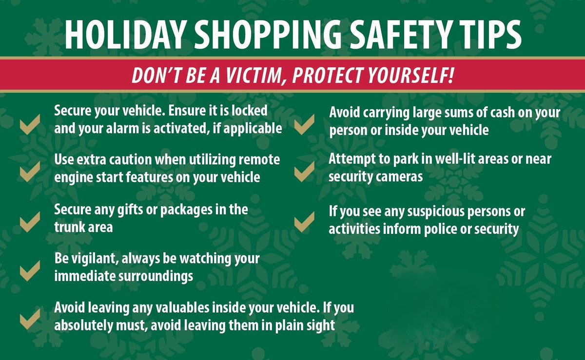 ****Holiday shopping safety tips**** 

Take a look at these safety tips that can help minimize the chances of YOU being victimized this holiday season: