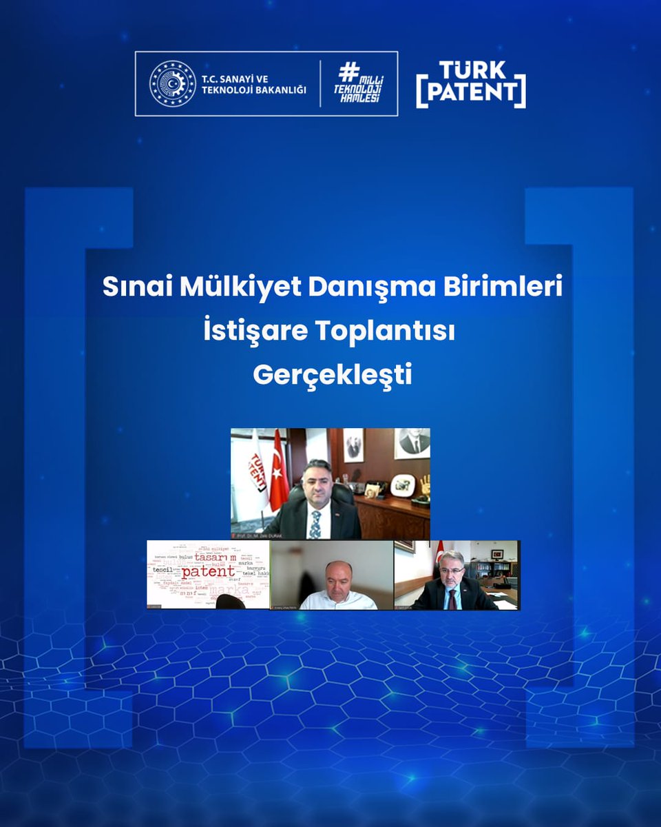 TURKPATENT's tweet photo. 📍 Sınai Mülkiyet Danışma Birimleri İstişare Toplantısı

TÜRKPATENT koordinasyonunda; ülkemiz genelindeki üniversiteler, ticaret ve sanayi odaları, borsalar, kalkınma ajansları, Sanayi ve Teknoloji İl Müdürlükleri ve diğer paydaşlardan oluşan toplam 315 Sınai Mülkiyet Danışma Birimi temsilcisinin katılımıyla çevrimiçi istişare toplantısı gerçekleşti. 

Toplantının açılış konuşmasını yapan TÜRKPATENT Başkanı Prof. Dr. @mzekidurak;
🔹 Birimlerin ve temsilcilerinin sınai mülkiyet ekosistemi açısından taşıdığı öneme,
🔹 Ülkemizde sınai mülkiyet alanındaki güncel gelişmelere,
🔹 WIPO tarafından yayımlanan Dünya Fikri Mülkiyet Göstergeleri Raporu’nda Türkiye’nin elde ettiği başarılara değindi.

Karşılıklı değerlendirmelerin yapıldığı toplantının ardından, Kurumumuz uzmanları tarafından sınai mülkiyet danışma birimi temsilcilerine yönelik bilgilendirme oturumları gerçekleşti. 

TÜRKPATENT olarak, Sınai Mülkiyet Danışma Birimlerimizle iş birliğimizi güçlendirmeye ve ülkemizin sınai mülkiyet farkındalığını artırmaya devam ediyoruz.