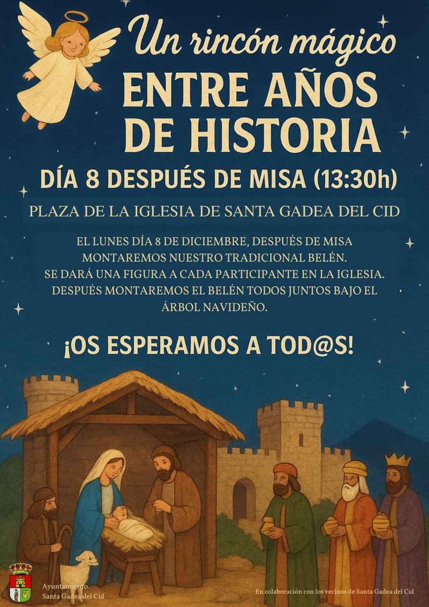✨ Un rincón mágico entre años de historia ✨
Este lunes 8 de diciembre, después de misa (13:30h), te invitamos a participar en el montaje de nuestro tradicional Belén en la Plaza de la Iglesia de Santa Gadea del Cid.
🤗 ¡Os esperamos a tod@s para compartir esta bonita tradición!